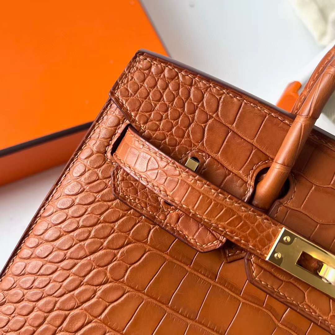 Hermès（爱马仕）Birkin 铂金包 雾面美洲鳄鱼皮 Matte Alligator Crocodile Ck37 金棕色 金扣 20cm 全手工蜡线缝制 Ghw