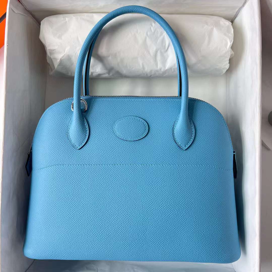 Hermès（爱马仕）Bolide 保龄球包 Epsom（御用原厂进口手掌纹）P3 北方蓝 银扣 27cm 全手工缝制
