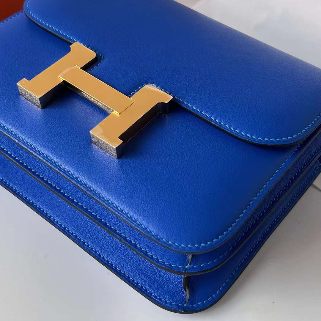Hermès（爱马仕）Constance 空姐包 Swift Ck71 法国蓝 金扣 19cm 全手工蜡线缝制 Ghw
