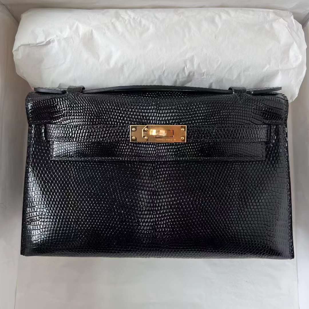 Hermès（爱马仕）Mini Kelly Pochette Lizard 进口蜥蜴皮 Ck89 黑色 金扣 22cm 全手工蜡线缝制 Ghw