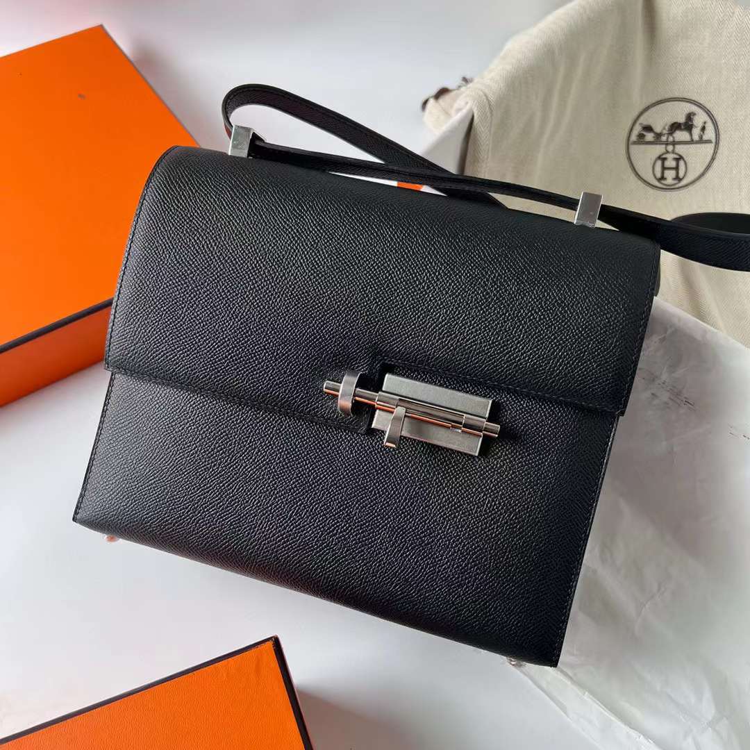 Hermès（爱马仕）Verrou 机枪包 Epsom Ck89 黑色 银扣 21cm 全手工蜡线缝制 Phw