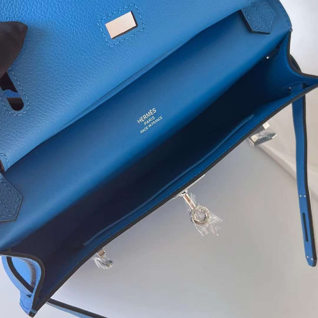 Hermès（爱马仕）Mini Jypsiere Evercolor Ck71 法国蓝 银扣 23cm 全手工蜡线缝 Phw