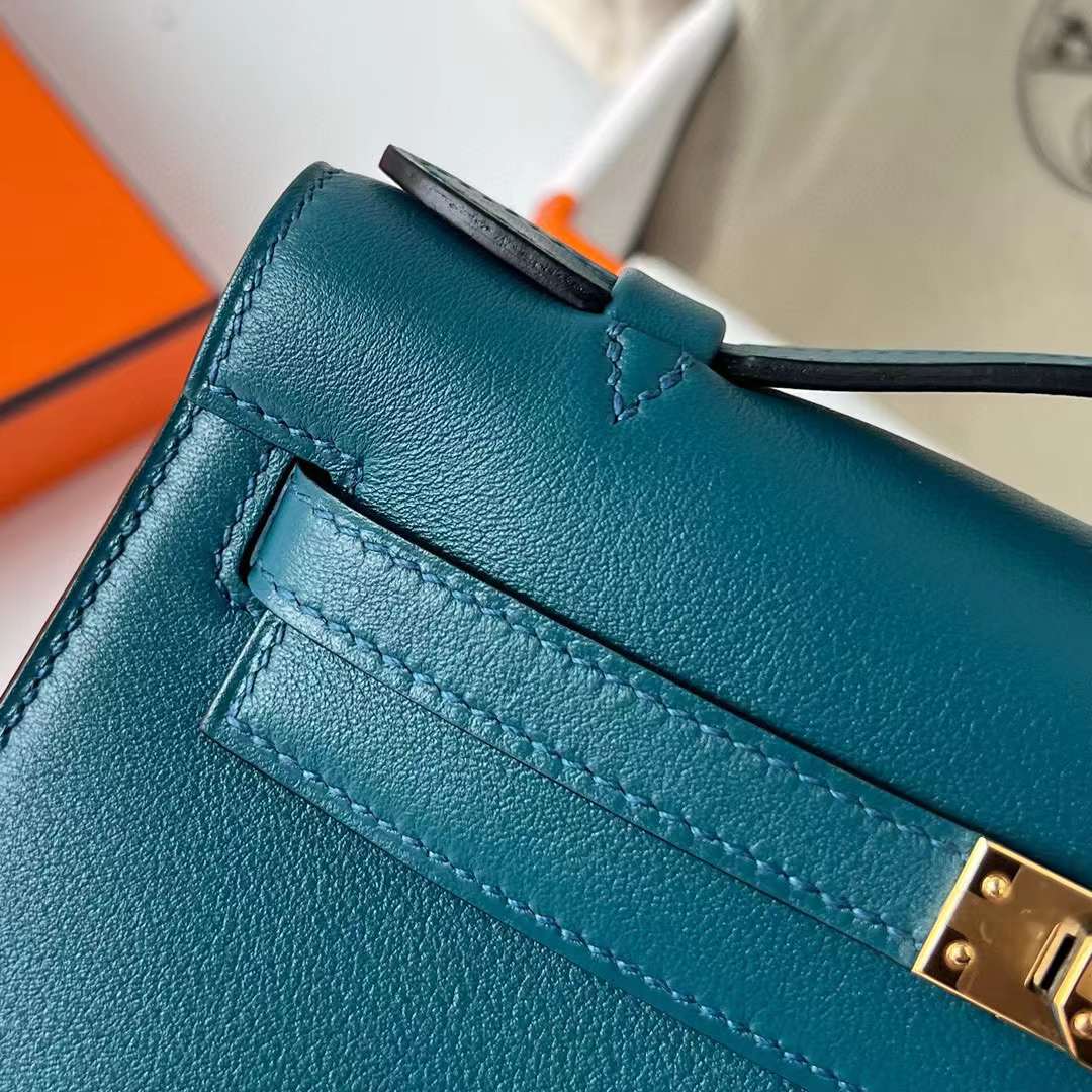 Hermès（爱马仕）Mini Kelly Pochette Swift W0 博斯普鲁斯绿 金扣 22cm 全手工蜡线缝制 Ghw
