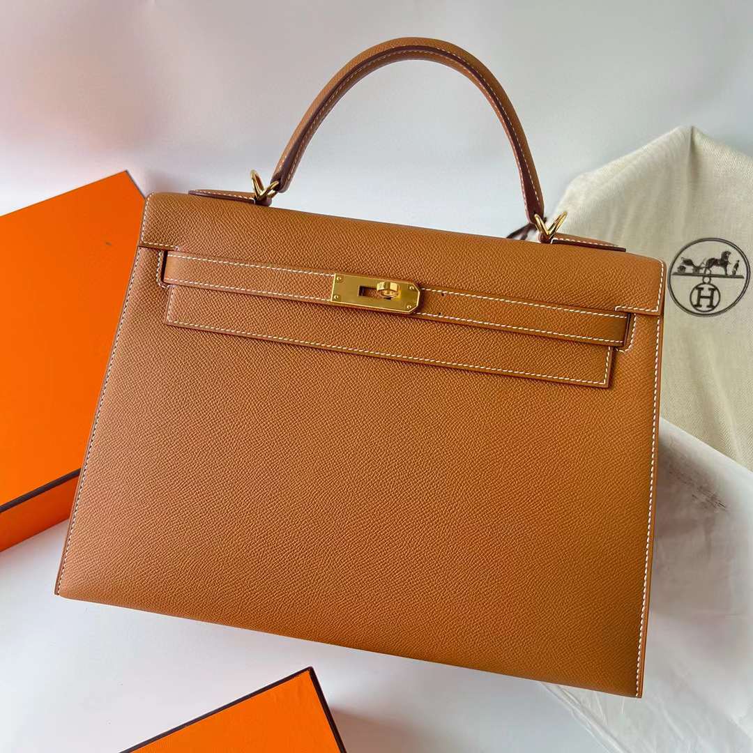 Hermès（爱马仕）Kelly 凯莉包 Epsom 进口德国手掌纹皮 Ck37 金棕色 金扣 32cm 全手工蜡线缝制 Ghw