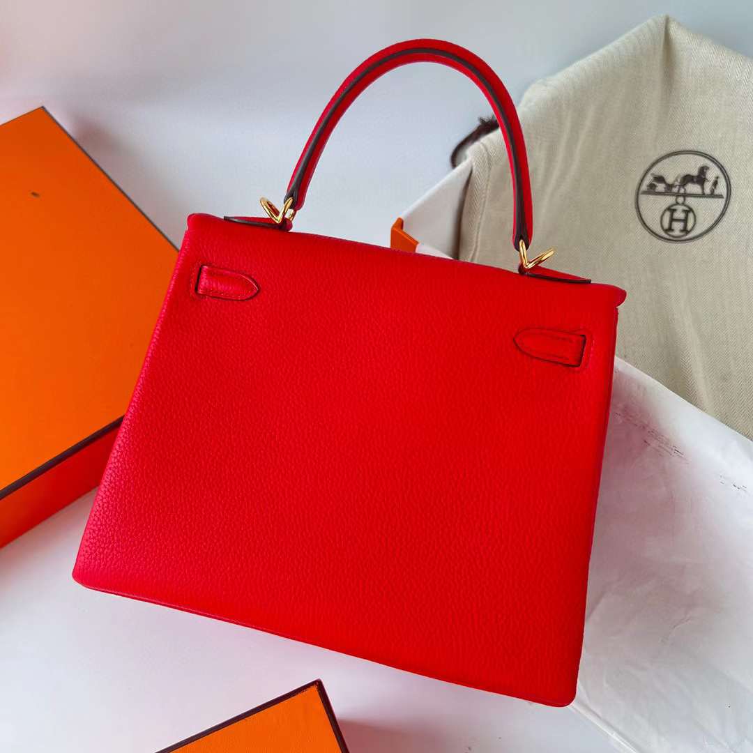 Hermès（爱马仕）Kelly 凯莉包 Togo皮 进口德国小牛皮 S3 心红色 金扣 25cm 全手工蜡线缝制 Ghw