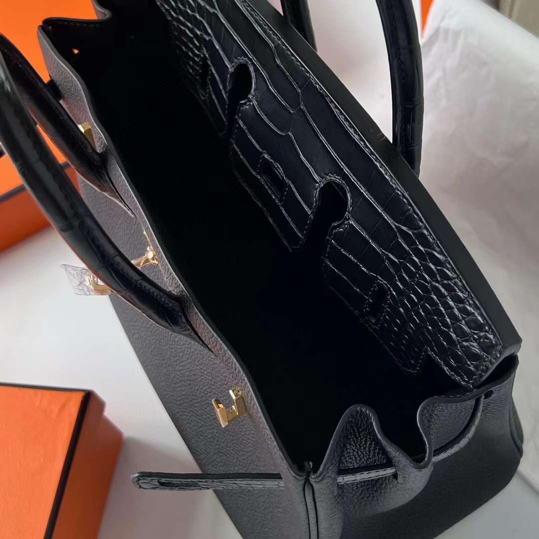 Hermès（爱马仕）Birkin 铂金包 Touch Togo 拼 雾面美洲鳄鱼皮 Ck89 黑色 金扣 25cm 全手工蜡线缝制 Ghw