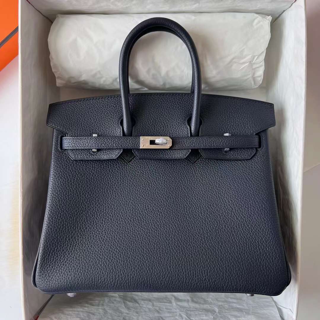 Hermès（爱马仕）Birkin 铂金包 Togo皮 进口德国小牛皮 2Z 午夜蓝 银扣 25cm 全手工蜡线缝制 Phw