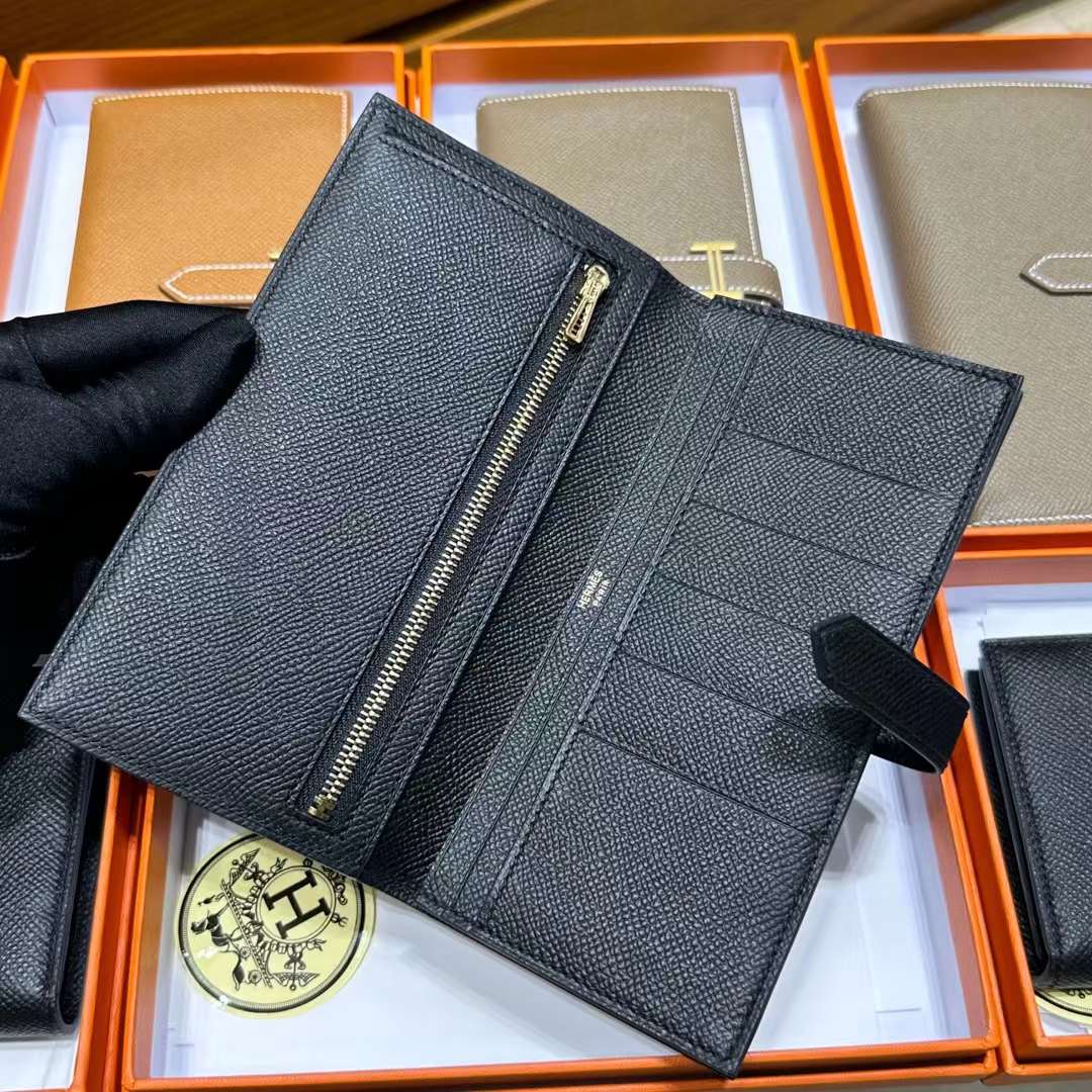 Hermès（爱马仕）Bearn 长款钱包 Epsom 进口手掌纹皮 Ck89 黑色 金扣 全手工蜡线缝制
