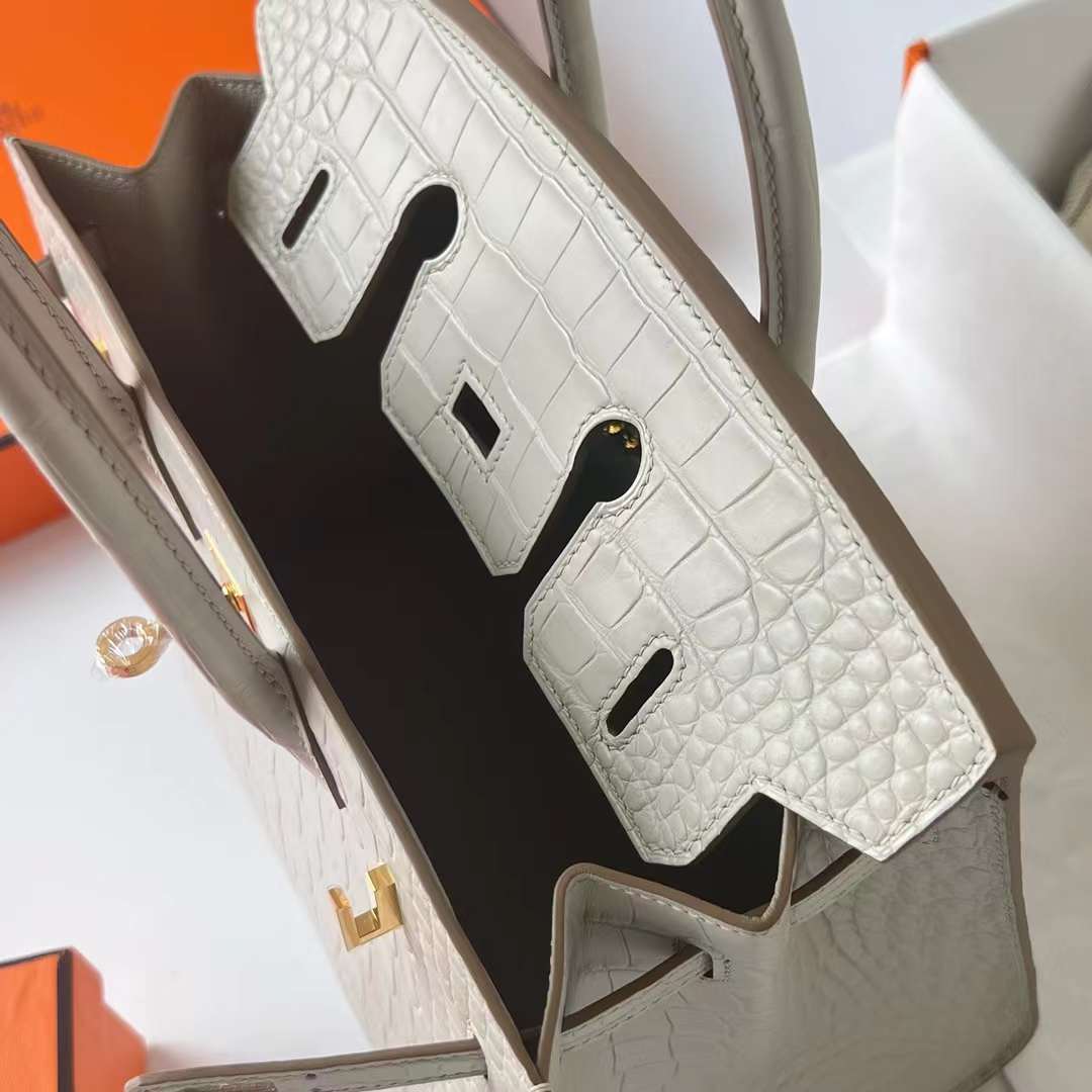 Hermès（爱马仕）Birkin 铂金包 Sellier 雾面美洲鳄鱼皮 Matte Alligator Crocodile 8L 奶油白 外缝 金扣 25cm 全手工蜡线缝制 Ghw