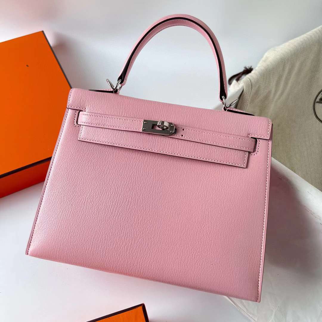Hermès（爱马仕）Kelly 凯莉包 Chevre 进口山羊皮 3Q 新粉色 内拼 I2 奶油白 银扣 25cm 全手工蜡线缝制 Phw