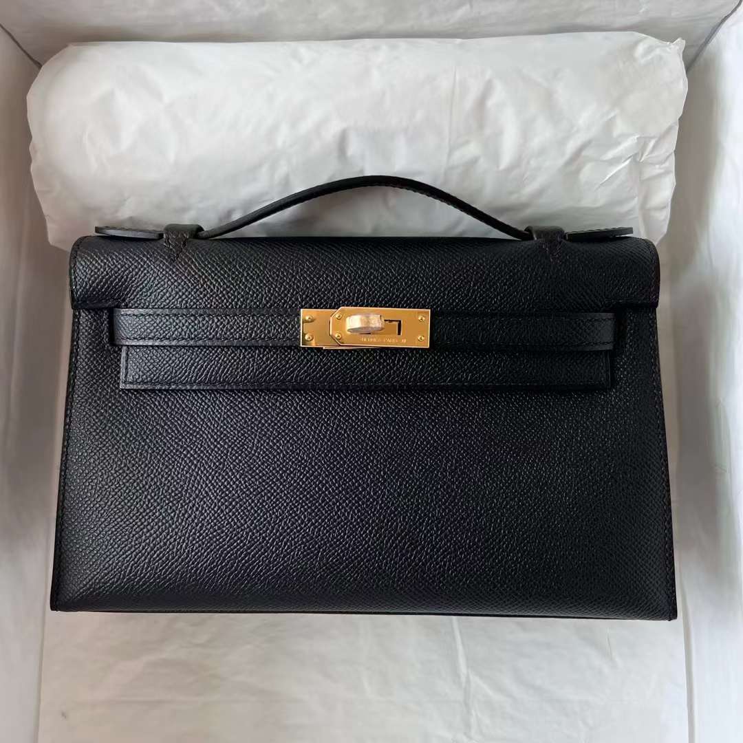 Hermès（爱马仕）Mini Kelly Pochette Epsom Ck89 黑色 金扣 22cm 全手工蜡线缝制 Ghw