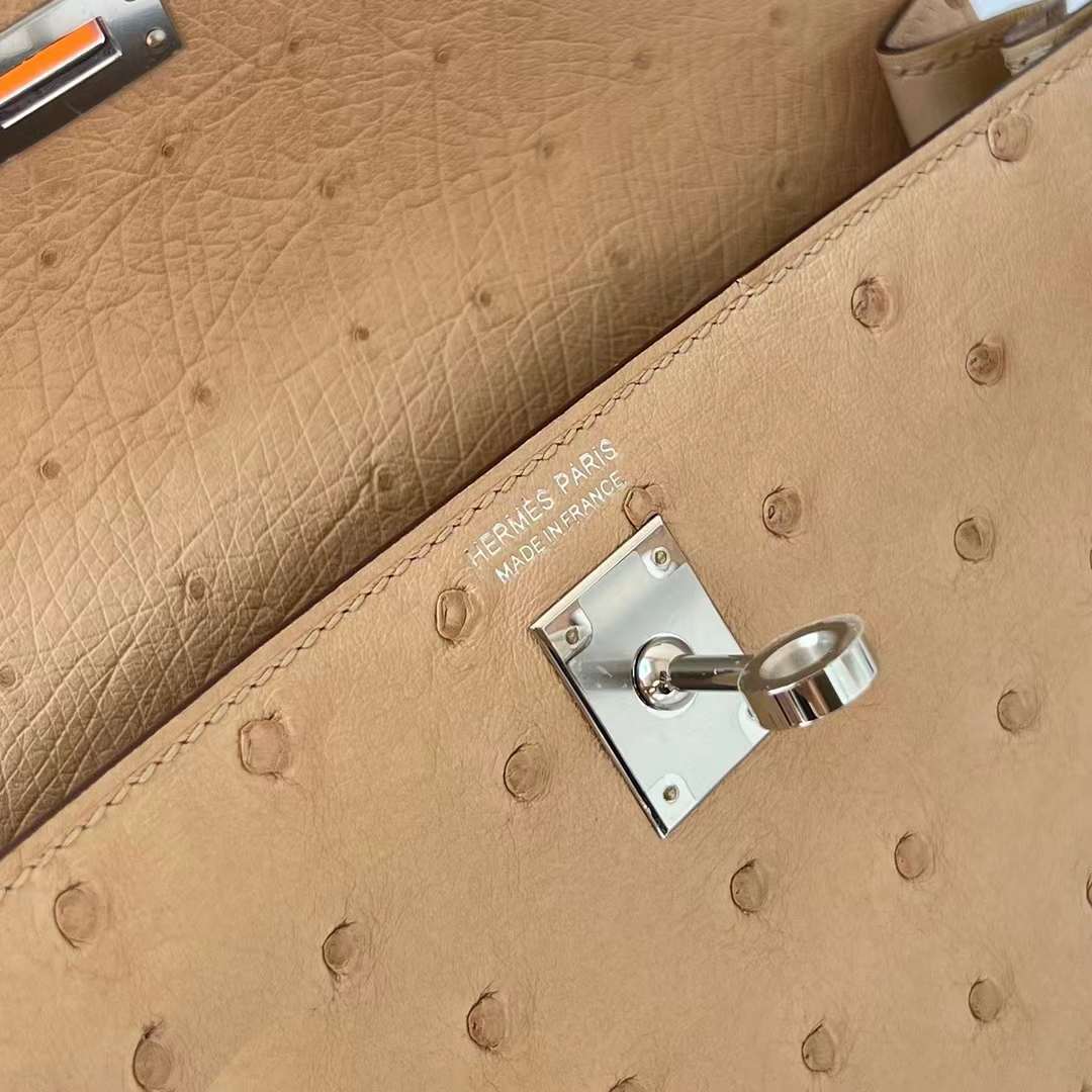 Hermès（爱马仕）Kelly Danse Ostrich 进口鸵鸟皮 S2 风衣灰 银扣 22cm 全手工蜡线缝制 Phw