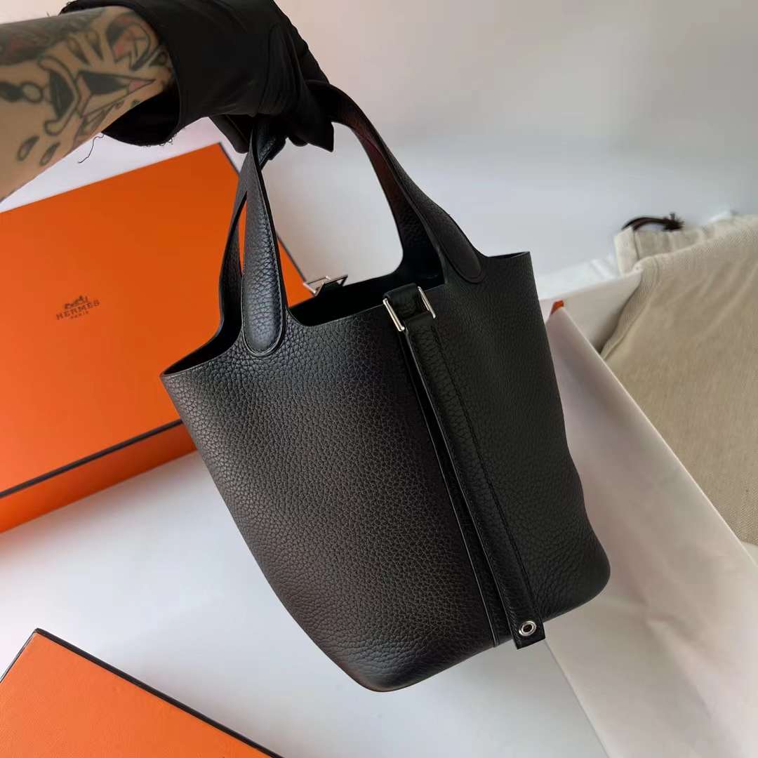 Hermès（爱马仕）Picotin 菜篮子 Clemence（御用原厂进口tc皮）Ck89 黑色 银扣 18cm 全手工蜡线缝制 Phw