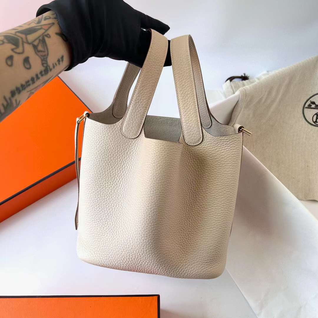 Hermès（爱马仕）Picotin 菜篮子 Clemence（御用原厂进口tc皮）Ck10 奶昔白 金扣 18cm 全手工蜡线缝制 Ghw