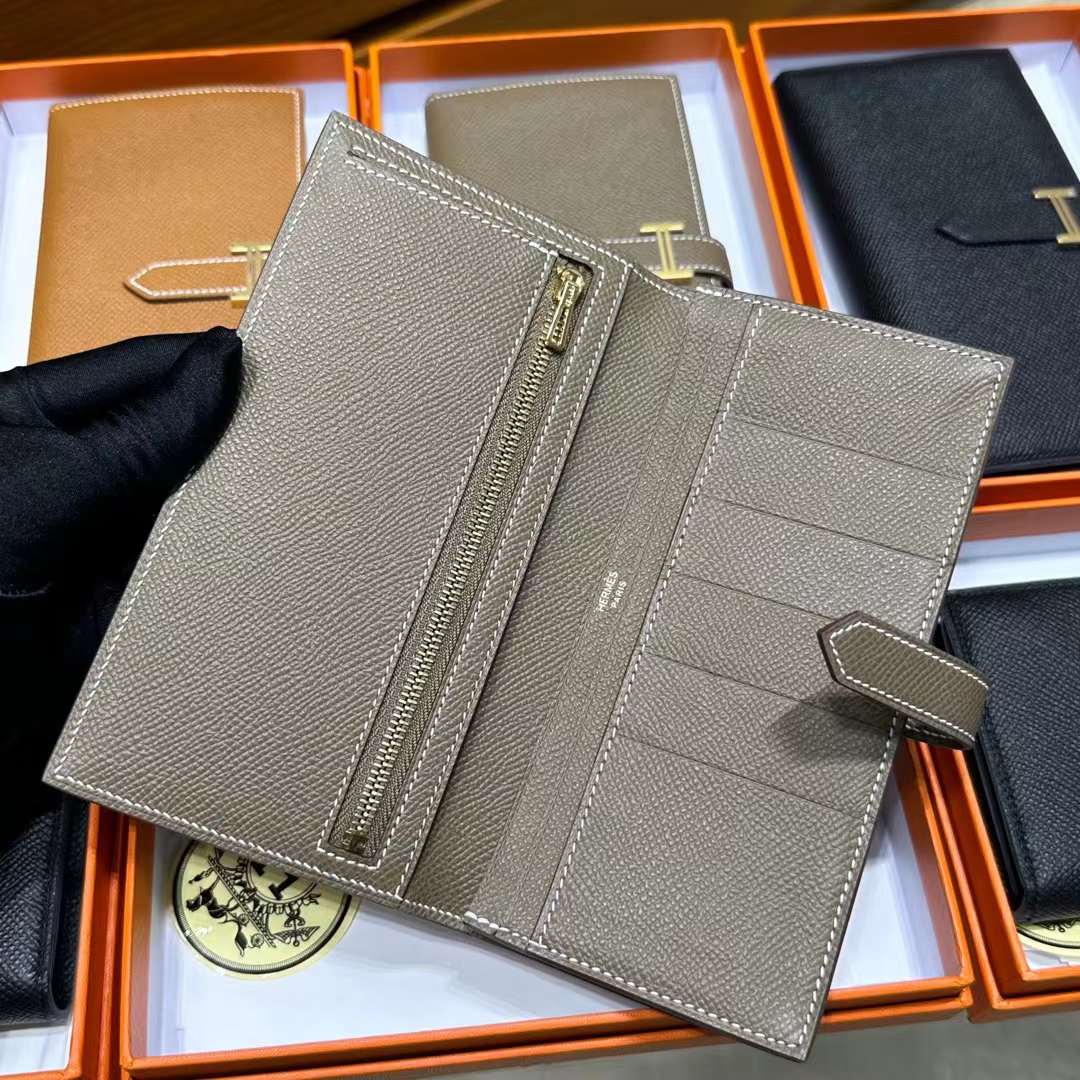 Hermès（爱马仕）Bearn 长款钱包 Epsom 进口手掌纹皮 Ck18 大象灰 金扣 全手工蜡线缝制