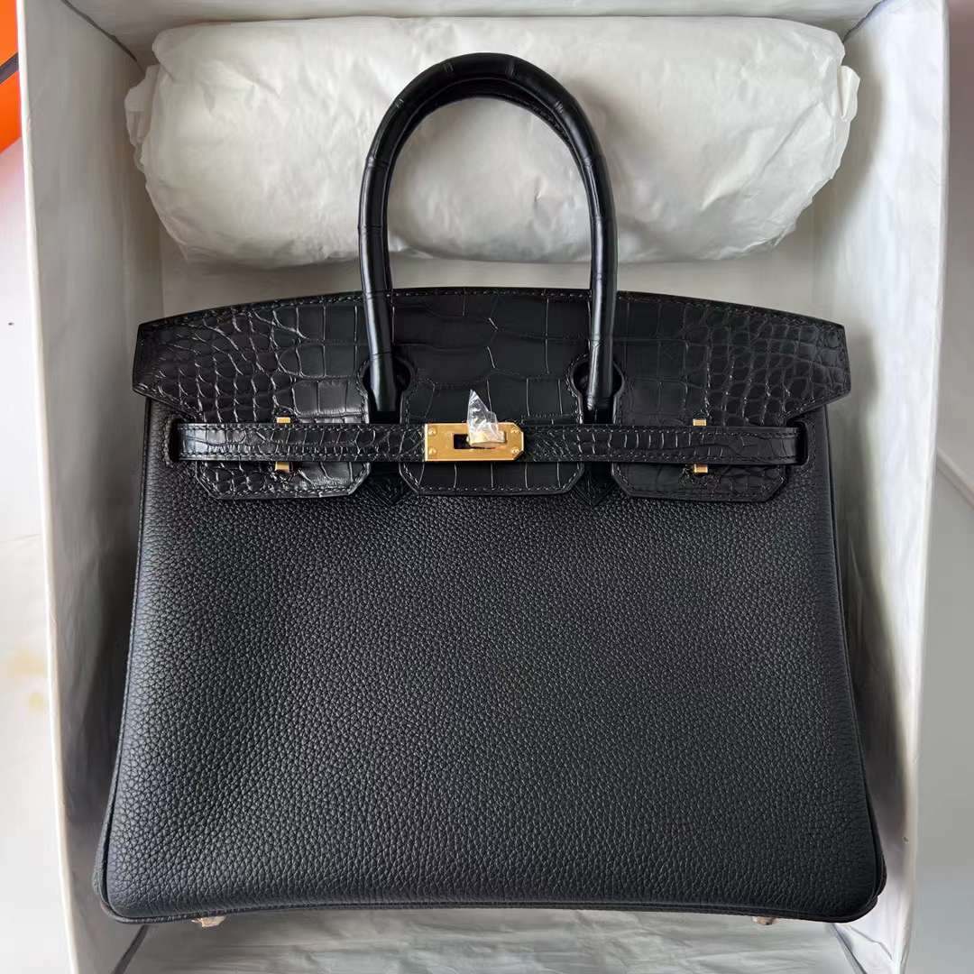 Hermès（爱马仕）Birkin 铂金包 Touch Togo 拼 雾面美洲鳄鱼皮 Ck89 黑色 金扣 25cm 全手工蜡线缝制 Ghw
