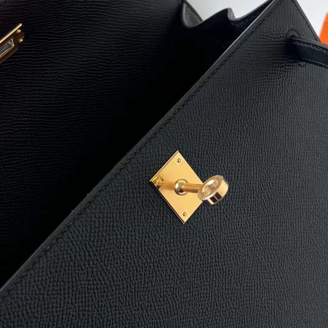 Hermès（爱马仕）Kelly 凯莉包 Epsom Ck89 黑色 金扣 25cm 全手工蜡线缝制 Ghw