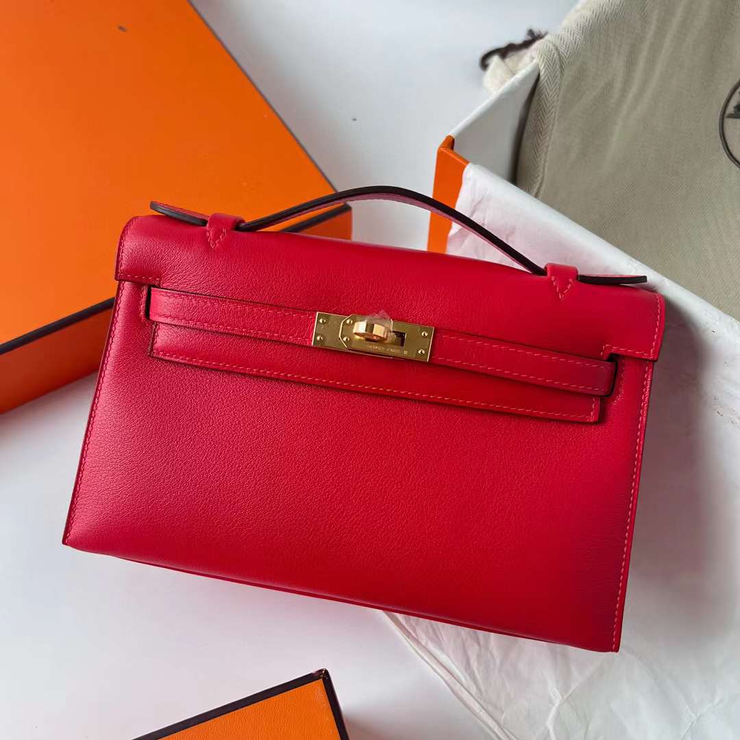 Hermès（爱马仕）Mini Kelly Pochette Swift S3 心红色 金扣 22cm 全手工蜡线缝制 Ghw