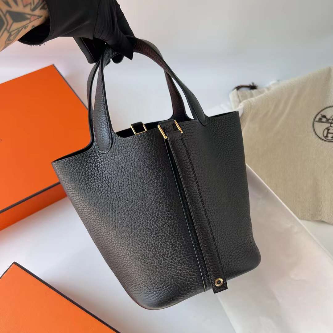 Hermès（爱马仕）Picotin 菜篮子 Clemence（御用原厂进口tc皮）Ck89 黑色 金扣 18cm 全手工蜡线缝制 Ghw