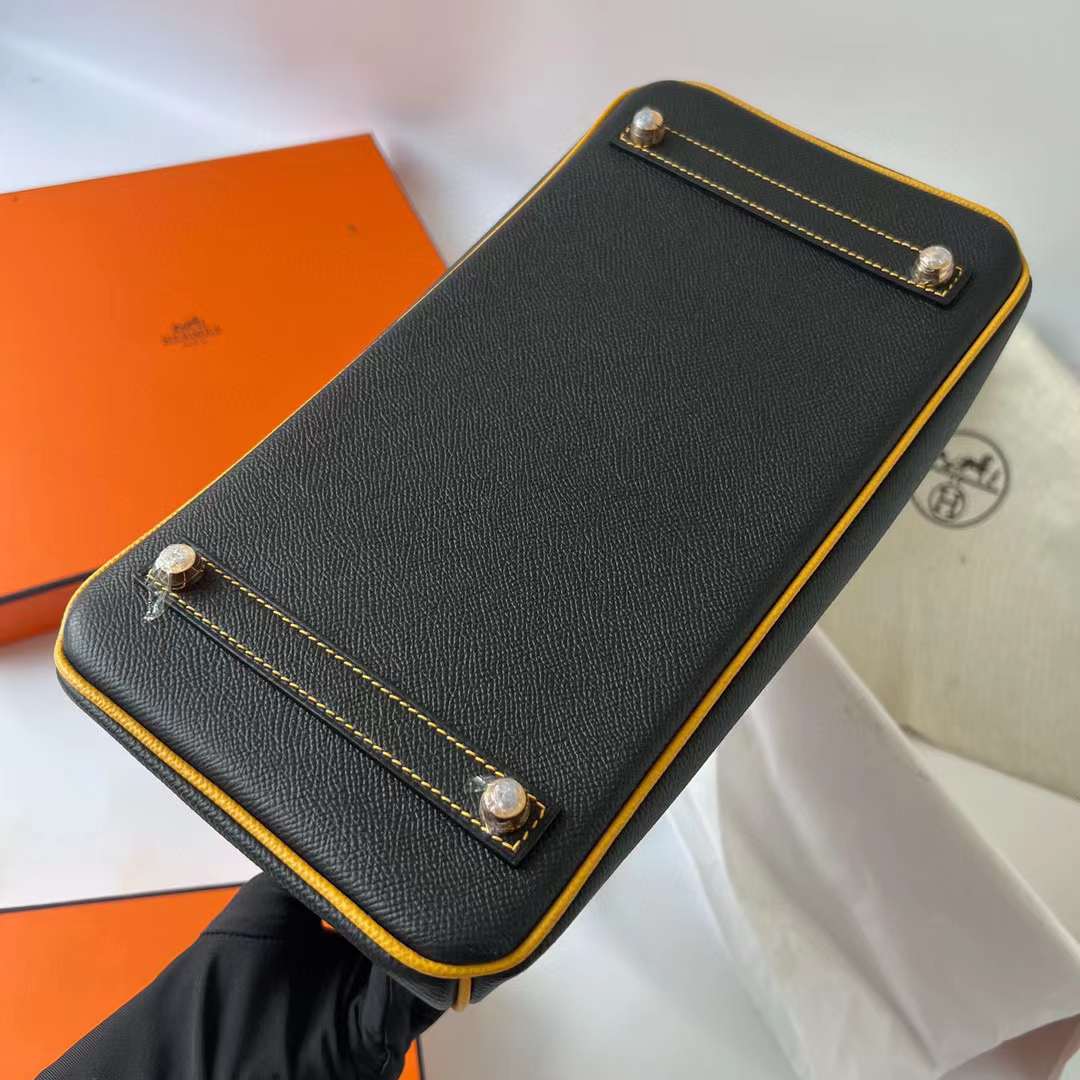 Hermès（爱马仕）Birkin 铂金包 Epsom Ck89 黑色 内拼 9D 琥珀黄 磨砂金扣 30cm 全手工蜡线缝制 Bghw