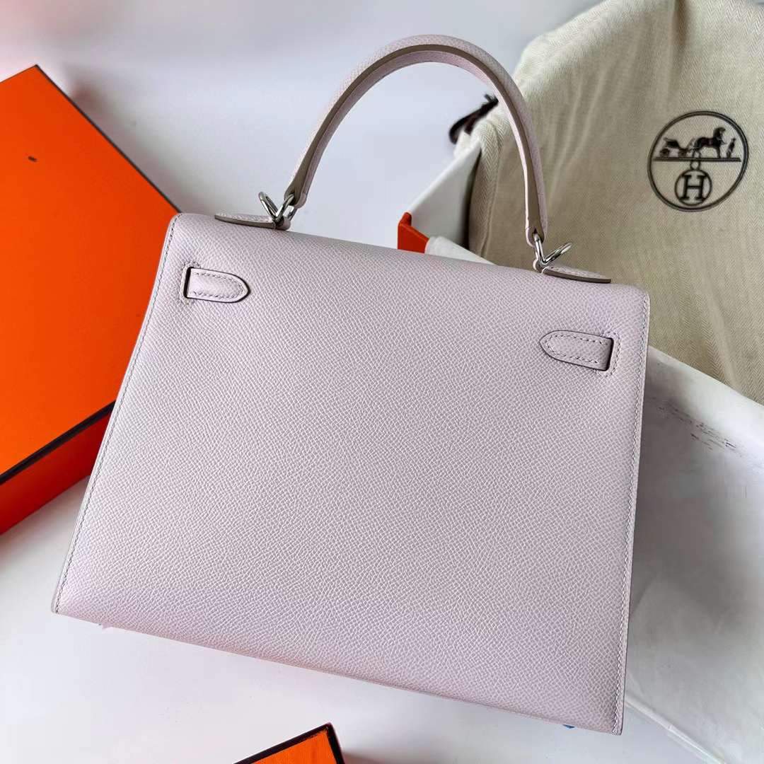 Hermès（爱马仕）Kelly 凯莉包 Epsom 进口德国手掌纹 09 梦幻粉紫 银扣 25cm 全手工蜡线缝制 Phw