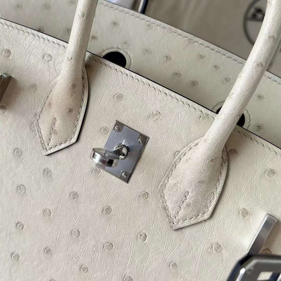 Hermès（爱马仕）Birkin 铂金包 Ostrich 南非鸵鸟皮 3C 羊毛白 银扣 25cm 全手工蜡线缝制 Phw