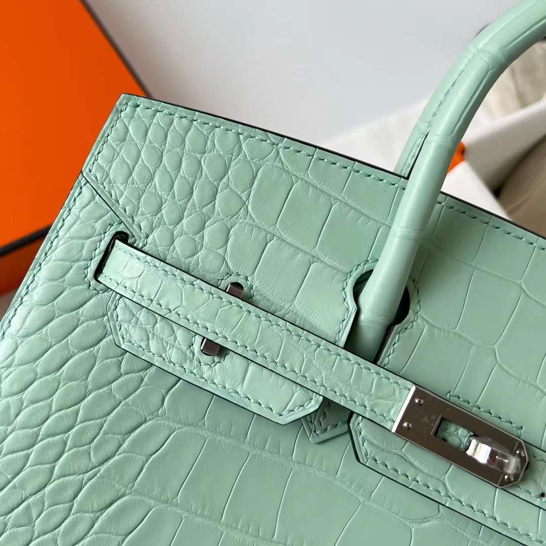 Hermès（爱马仕）Birkin 铂金包 Sellier 雾面美洲鳄鱼皮 Matte Alligator Crocodile 6u 新薄荷绿 外缝 银扣 25cm 全手工蜡线缝制 Phw