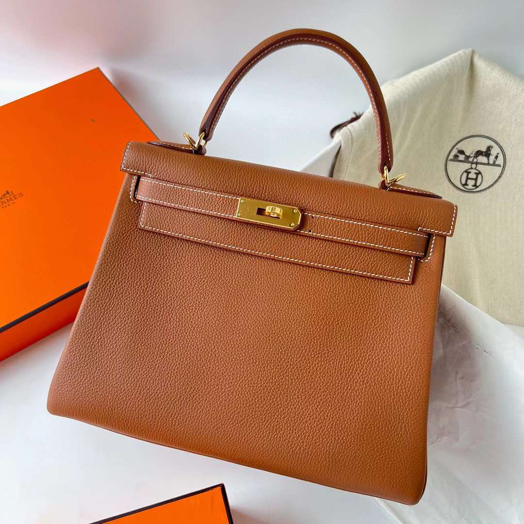 Hermès（爱马仕）Kelly 凯莉包 Togo皮 Ck37 金棕色 金扣 28cm 全手工蜡线缝制 Ghw