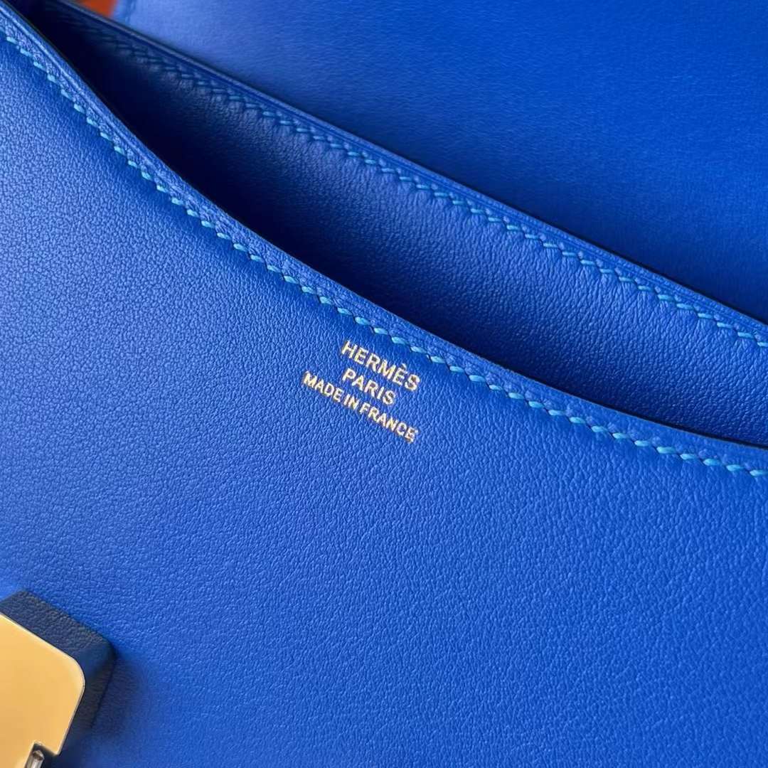 Hermès（爱马仕）Constance 空姐包 Swift Ck71 法国蓝 金扣 19cm 全手工蜡线缝制 Ghw