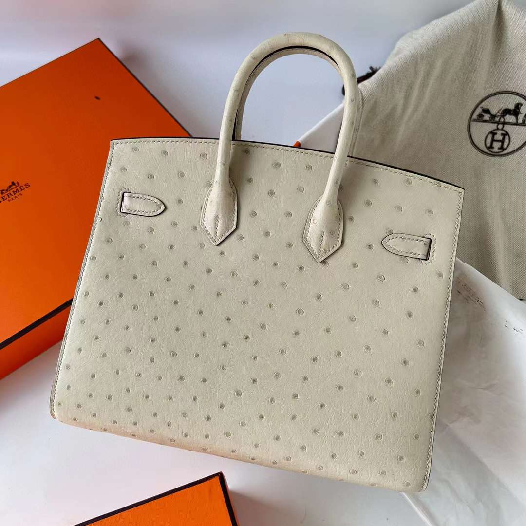 Hermès（爱马仕）Birkin 铂金包 Ostrich 南非鸵鸟皮 3C 羊毛白 银扣 25cm 全手工蜡线缝制 Phw
