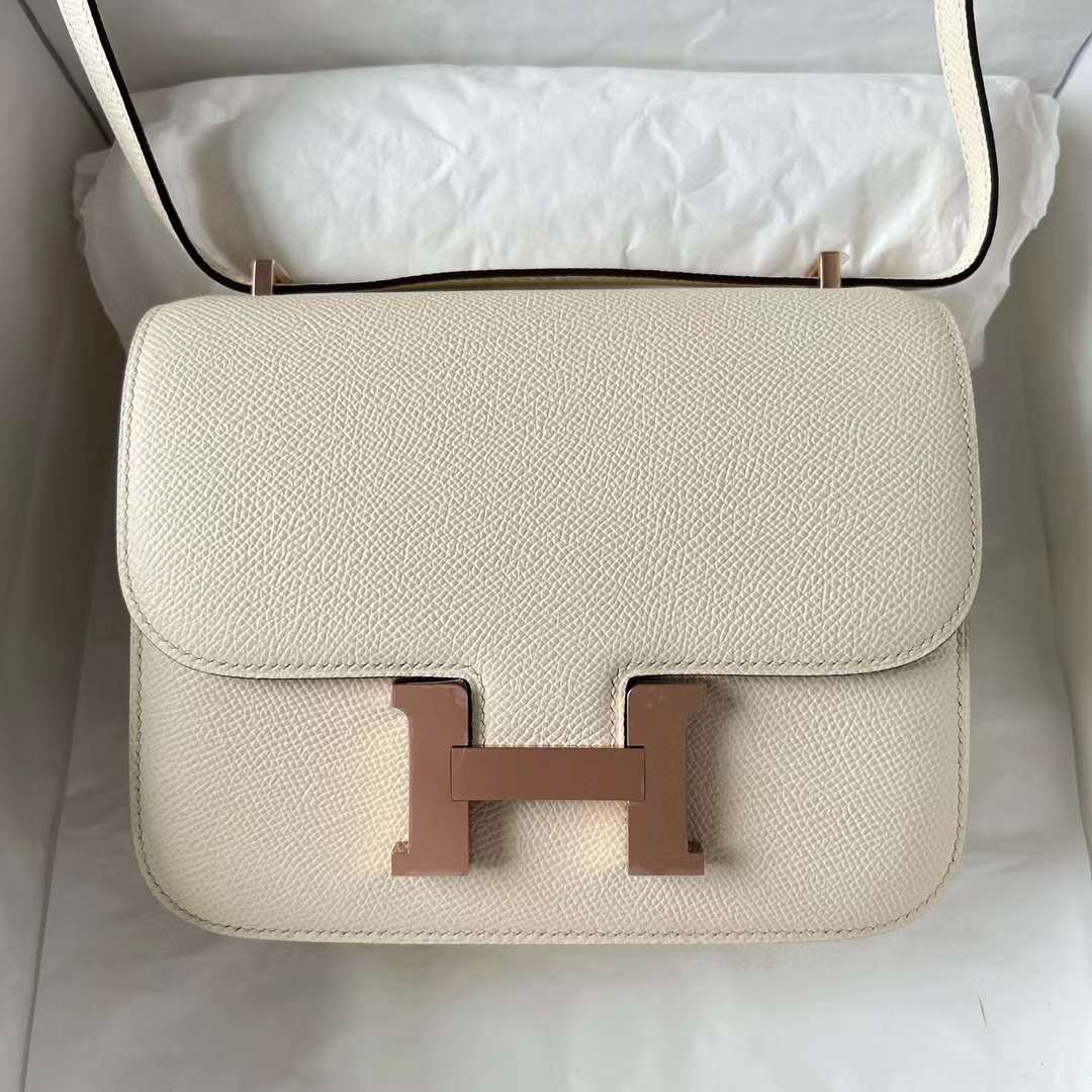 Hermès（爱马仕）Constance 空姐包 Epsom I2 奶油白 玫瑰金扣 19cm 全手工蜡线缝制 RGhw