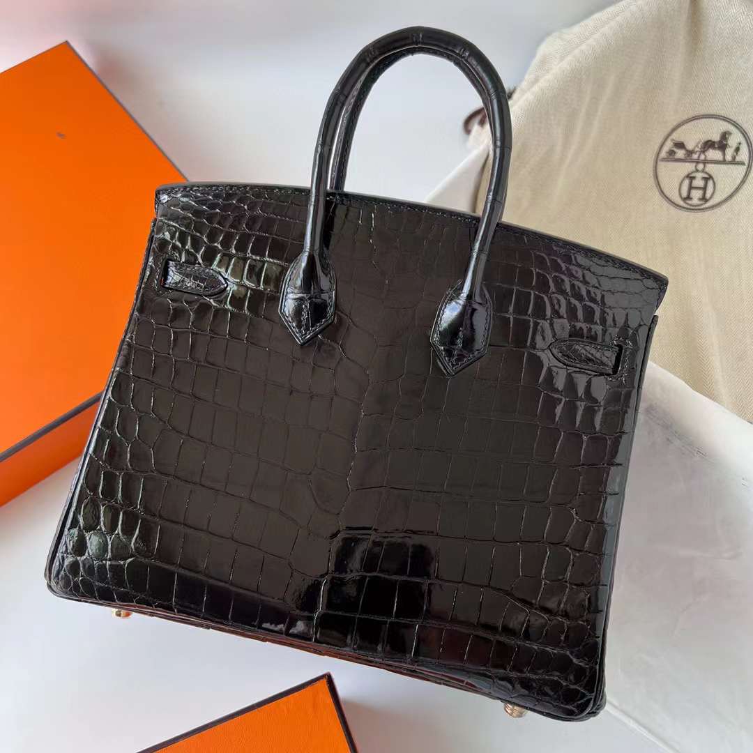 Hermès（爱马仕）Birkin 铂金包 亮面尼罗鳄鱼皮 Shiny Nilo Crocodile Ck89 黑色 金扣 25cm 全手工蜡线缝制 Ghw