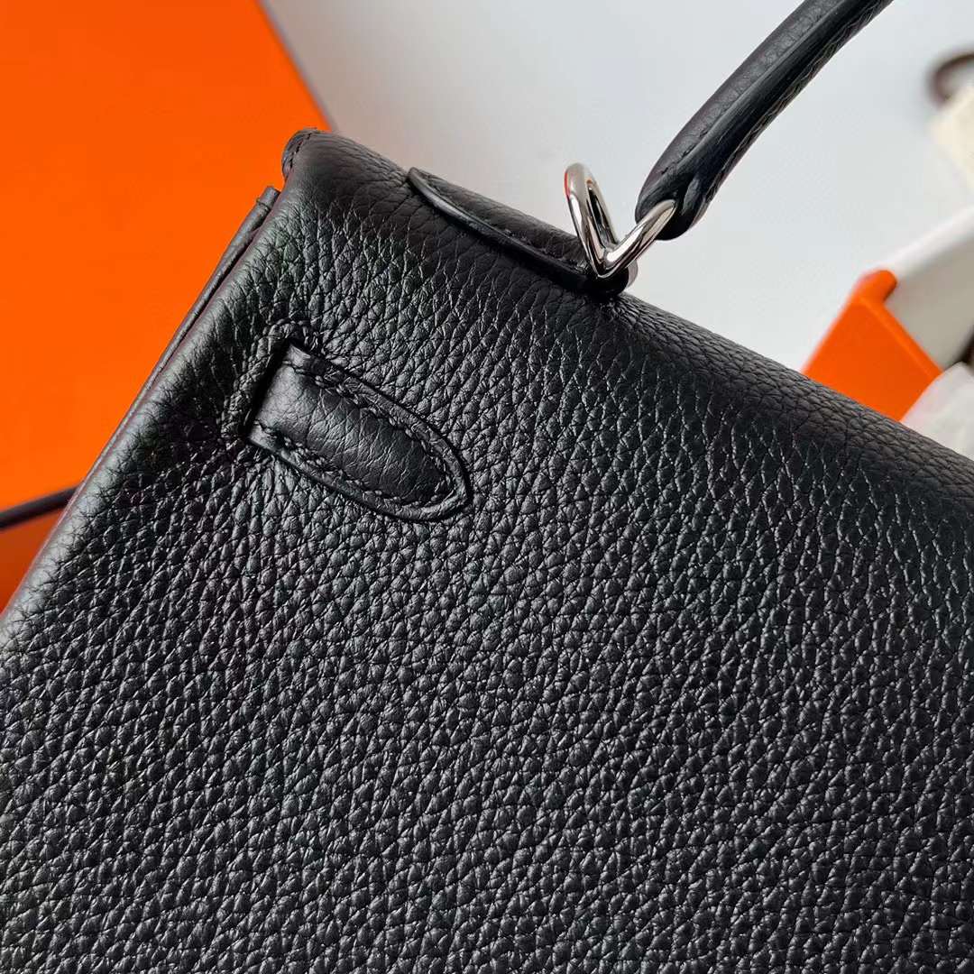 Hermès（爱马仕）Kelly 凯莉包 Togo皮 进口德国小牛皮 Ck89 黑色 银扣 25cm 全手工蜡线缝制 Phw
