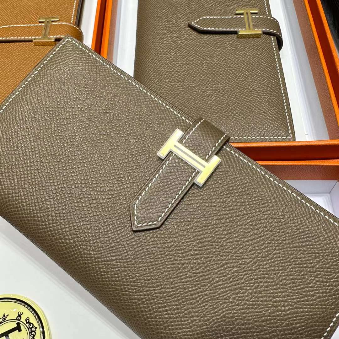 Hermès（爱马仕）Bearn 长款钱包 Epsom 进口手掌纹皮 Ck18 大象灰 金扣 全手工蜡线缝制