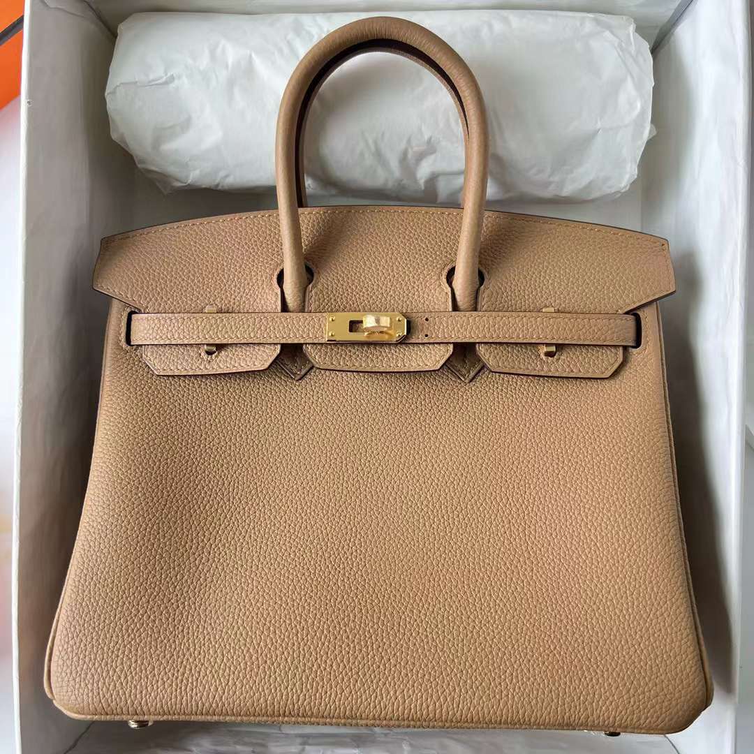 Hermès（爱马仕）Birkin 铂金包 Togo皮 进口德国小牛皮 0M 奶茶色 金扣 25cm 全手工蜡线缝制 Ghw