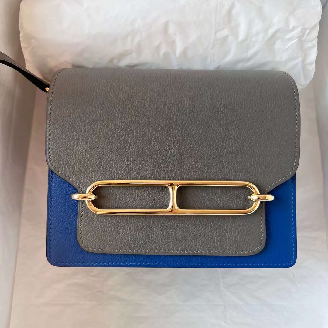 Hermès（爱马仕）Roulis 猪鼻子 Evercolor Ck71 法国蓝 拼 0L 积雨云灰 浅金扣 18cm 全手工蜡线缝制