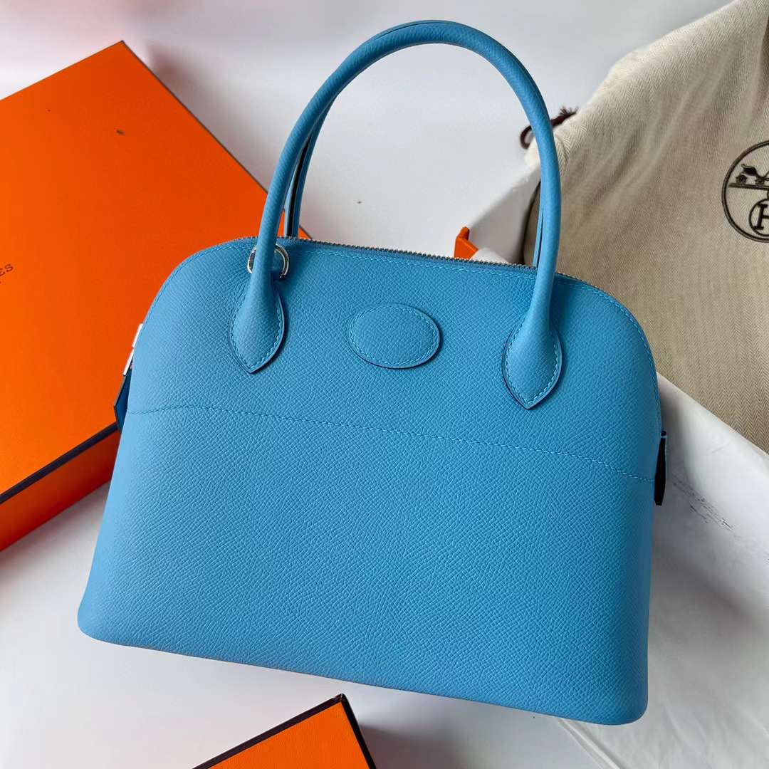 Hermès（爱马仕）Bolide 保龄球包 Epsom（御用原厂进口手掌纹）P3 北方蓝 银扣 27cm 全手工缝制