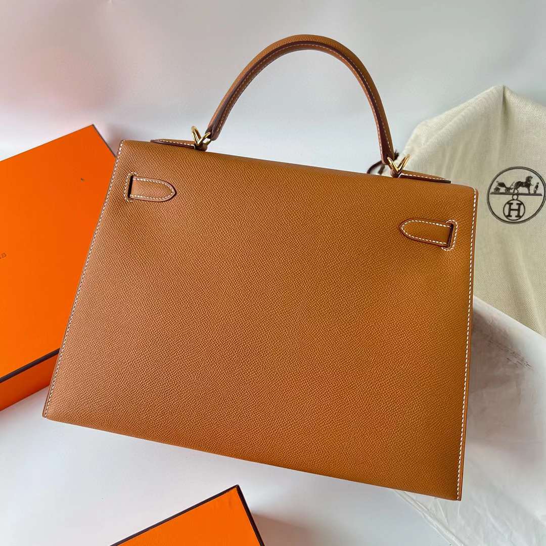 Hermès（爱马仕）Kelly 凯莉包 Epsom 进口德国手掌纹皮 Ck37 金棕色 金扣 32cm 全手工蜡线缝制 Ghw