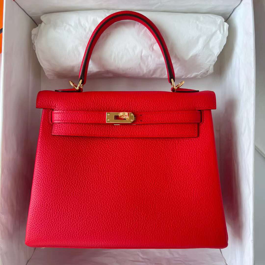 Hermès（爱马仕）Kelly 凯莉包 Togo皮 进口德国小牛皮 S3 心红色 金扣 25cm 全手工蜡线缝制 Ghw