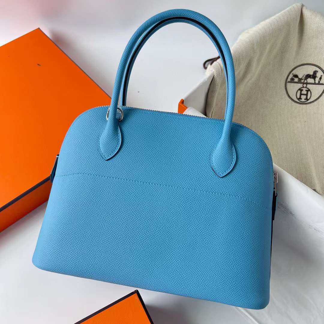 Hermès（爱马仕）Bolide 保龄球包 Epsom（御用原厂进口手掌纹）P3 北方蓝 银扣 27cm 全手工缝制
