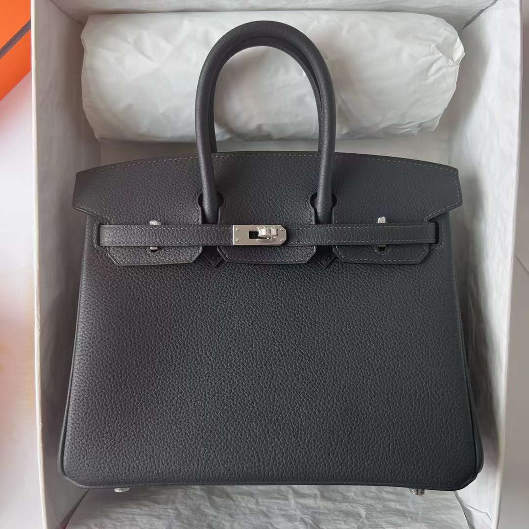 Hermès（爱马仕）Birkin 铂金包 Togo皮 进口德国小牛皮 Ck88 石墨灰 银扣 25cm 全手工蜡线缝制 Phw