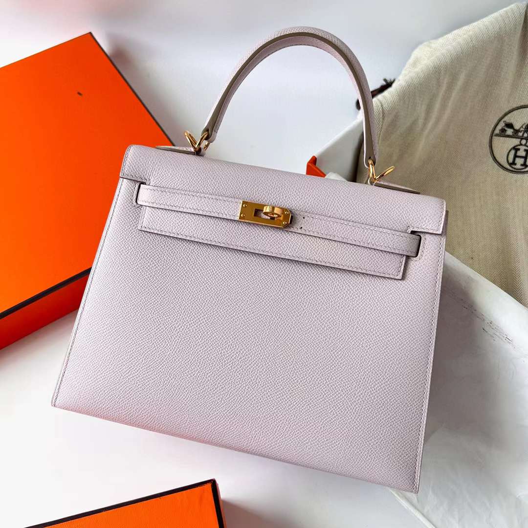 Hermès（爱马仕）Kelly 凯莉包 Epsom 进口德国手掌纹 09 梦幻粉紫 金扣 25cm 全手工蜡线缝制 Ghw