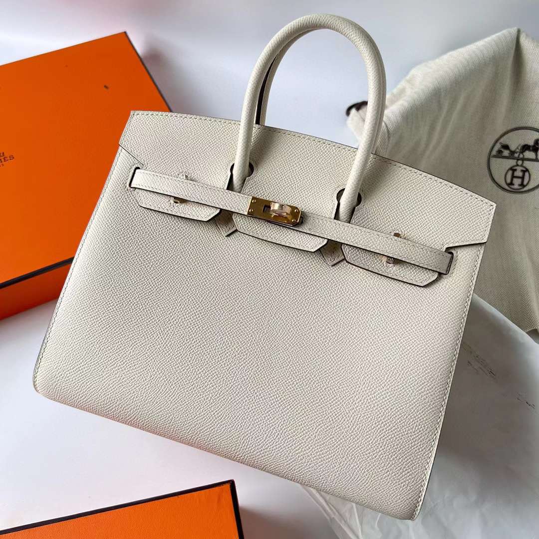Hermès（爱马仕）Birkin 铂金包 Sellier Epsom I2 奶油白 金扣 25cm 全手工蜡线缝制 Ghw