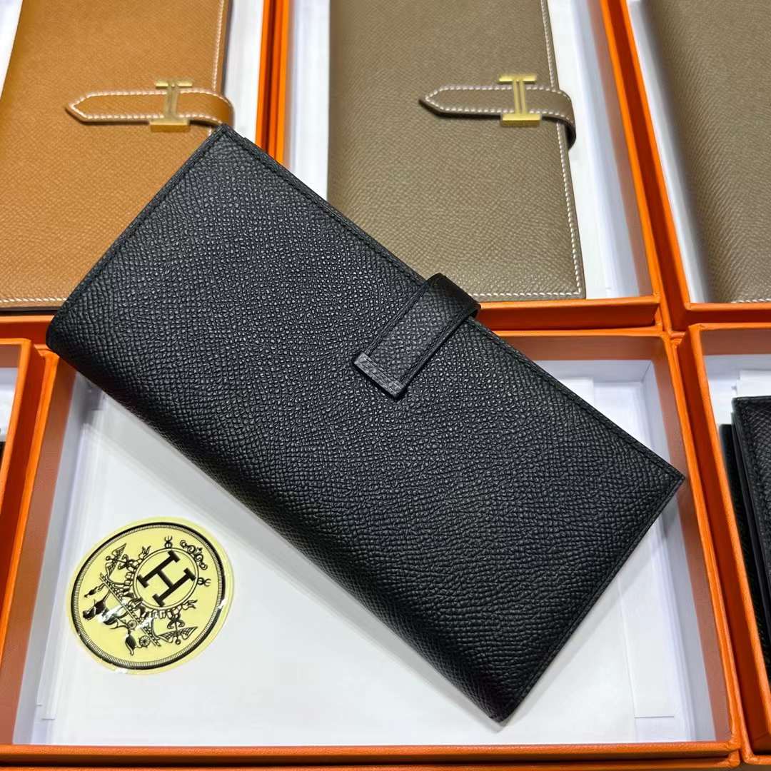 Hermès（爱马仕）Bearn 长款钱包 Epsom 进口手掌纹皮 Ck89 黑色 金扣 全手工蜡线缝制