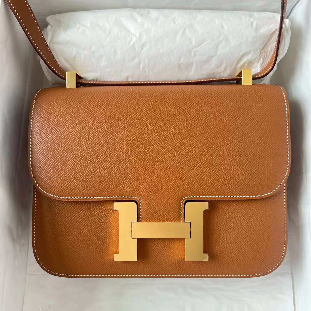 Hermès（爱马仕）Constance 空姐包 Epsom Ck37 金棕色 金扣 1-24cm 全手工蜡线缝制 Ghw