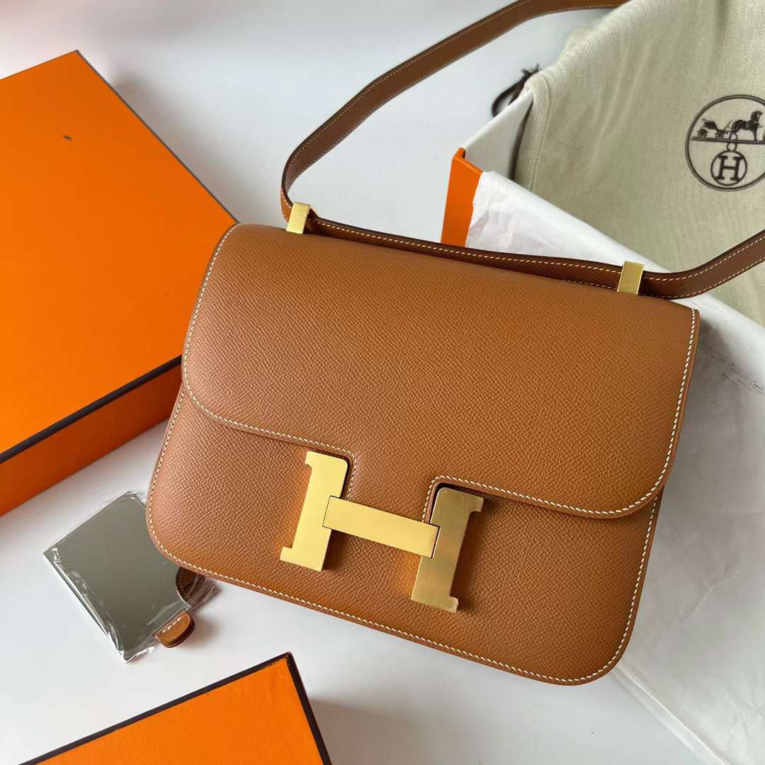 Hermès（爱马仕）Constance 空姐包 Epsom Ck37 金棕色 金扣 1-24cm 全手工蜡线缝制 Ghw