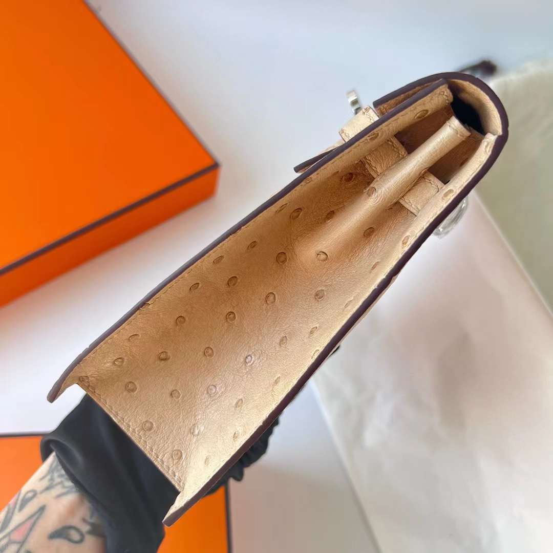 Hermès（爱马仕）Kelly Danse Ostrich 进口鸵鸟皮 S2 风衣灰 银扣 22cm 全手工蜡线缝制 Phw