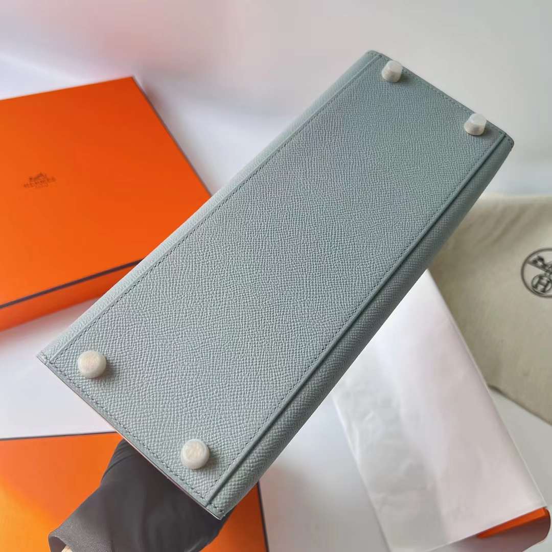 Hermès（爱马仕）Kelly 凯莉包 Hss Epsom 8U 冰川蓝 拼 I2 奶油白 拉丝金扣 28cm 全手工蜡线缝制 BGhw