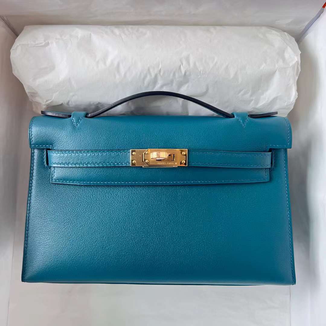Hermès（爱马仕）Mini Kelly Pochette Swift W0 博斯普鲁斯绿 金扣 22cm 全手工蜡线缝制 Ghw