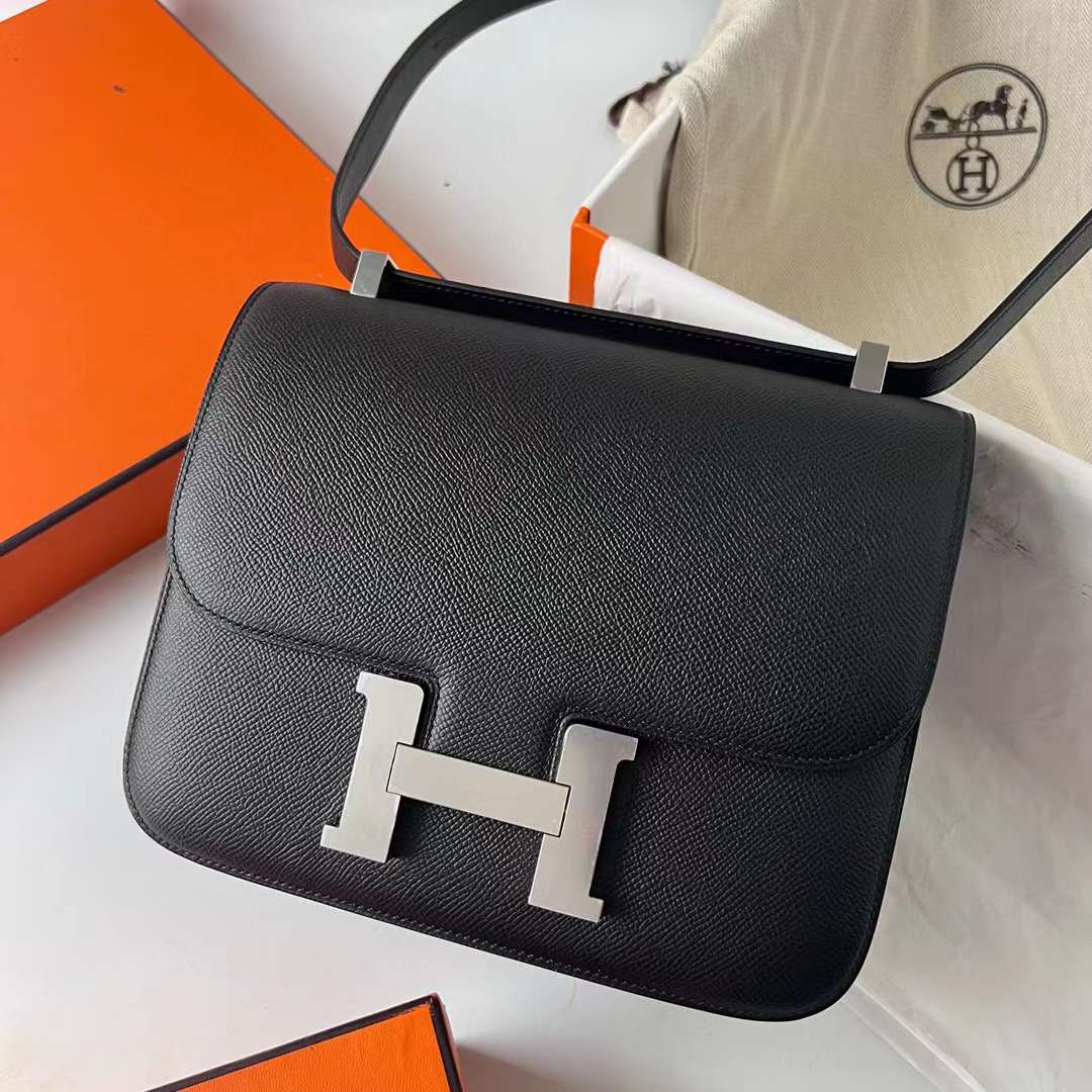 Hermès（爱马仕）Constance 空姐包 Epsom Ck89 黑色 银扣 24cm 全手工蜡线缝制 Phw
